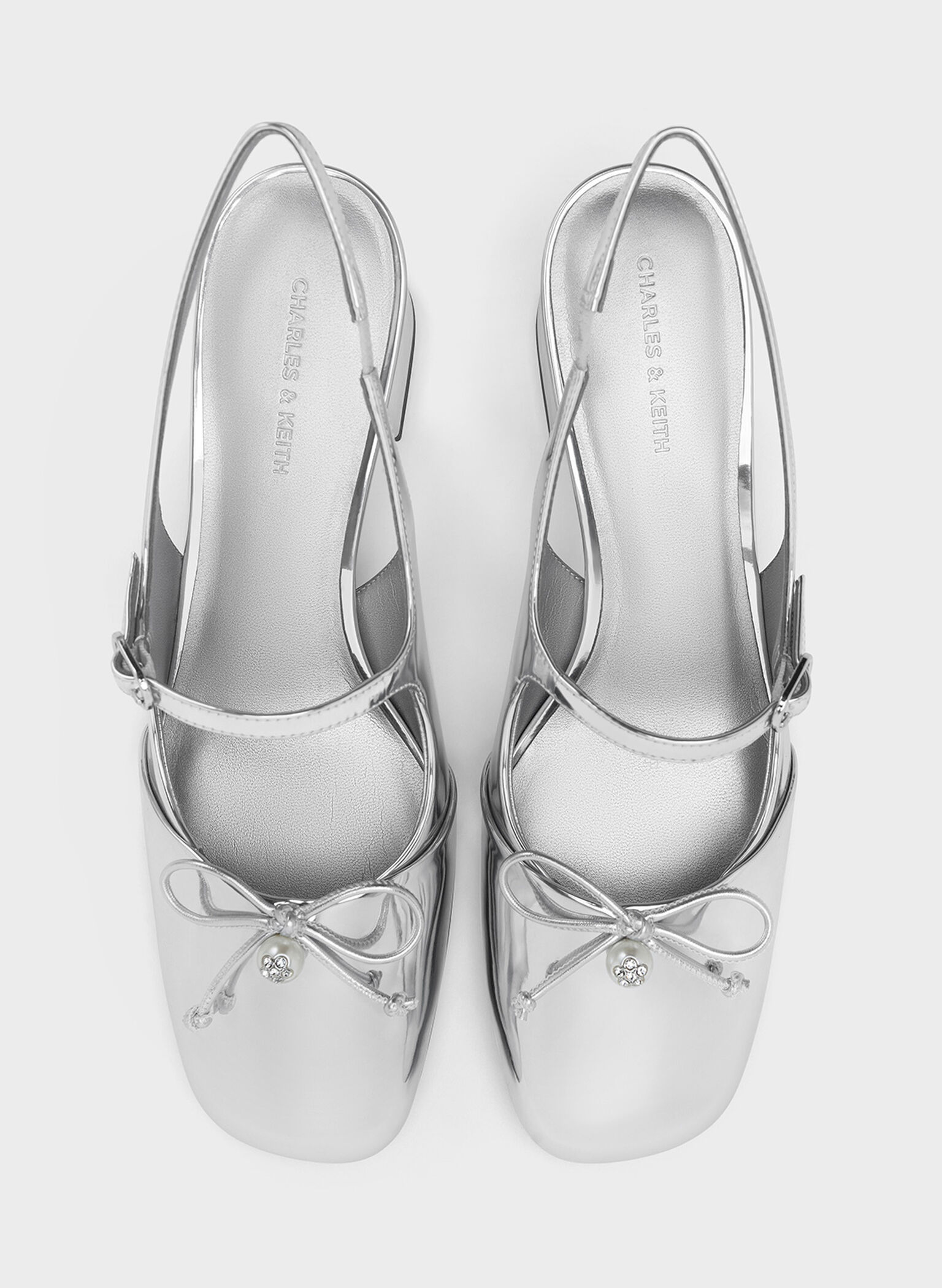 Metallic Bow Crystal-Pearl Slingback Mary Jane Pumps, Silver, hi-res