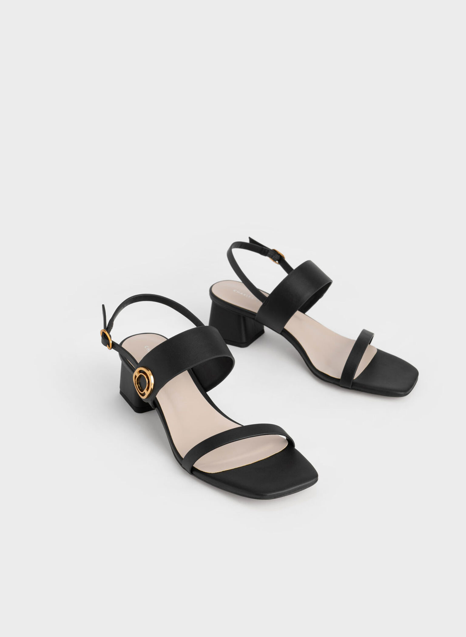 Metallic Accent Trapeze Heel Sandals, Black, hi-res