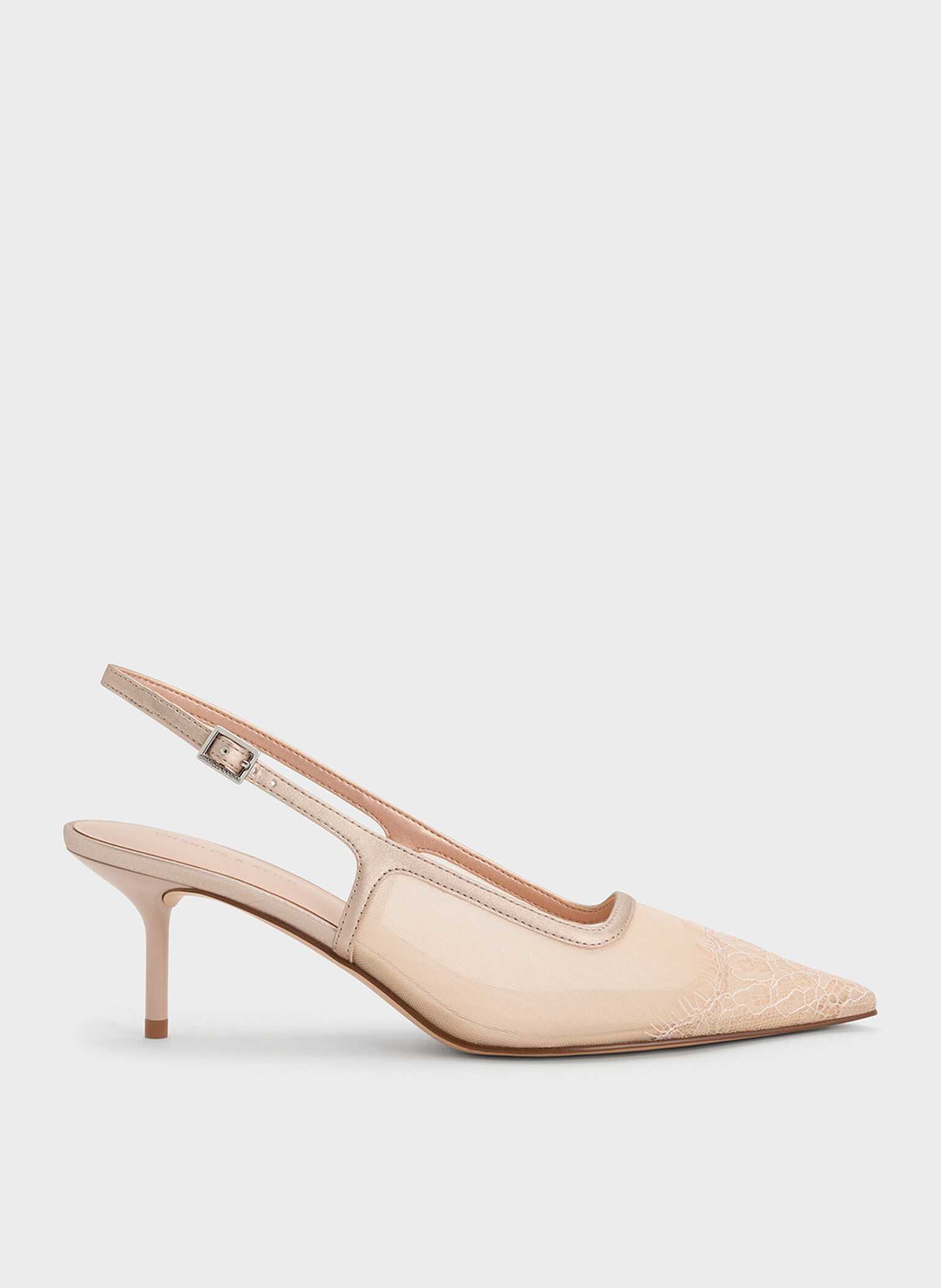 Mesh & Lace Pointed-Toe Slingback Pumps, Nude, hi-res