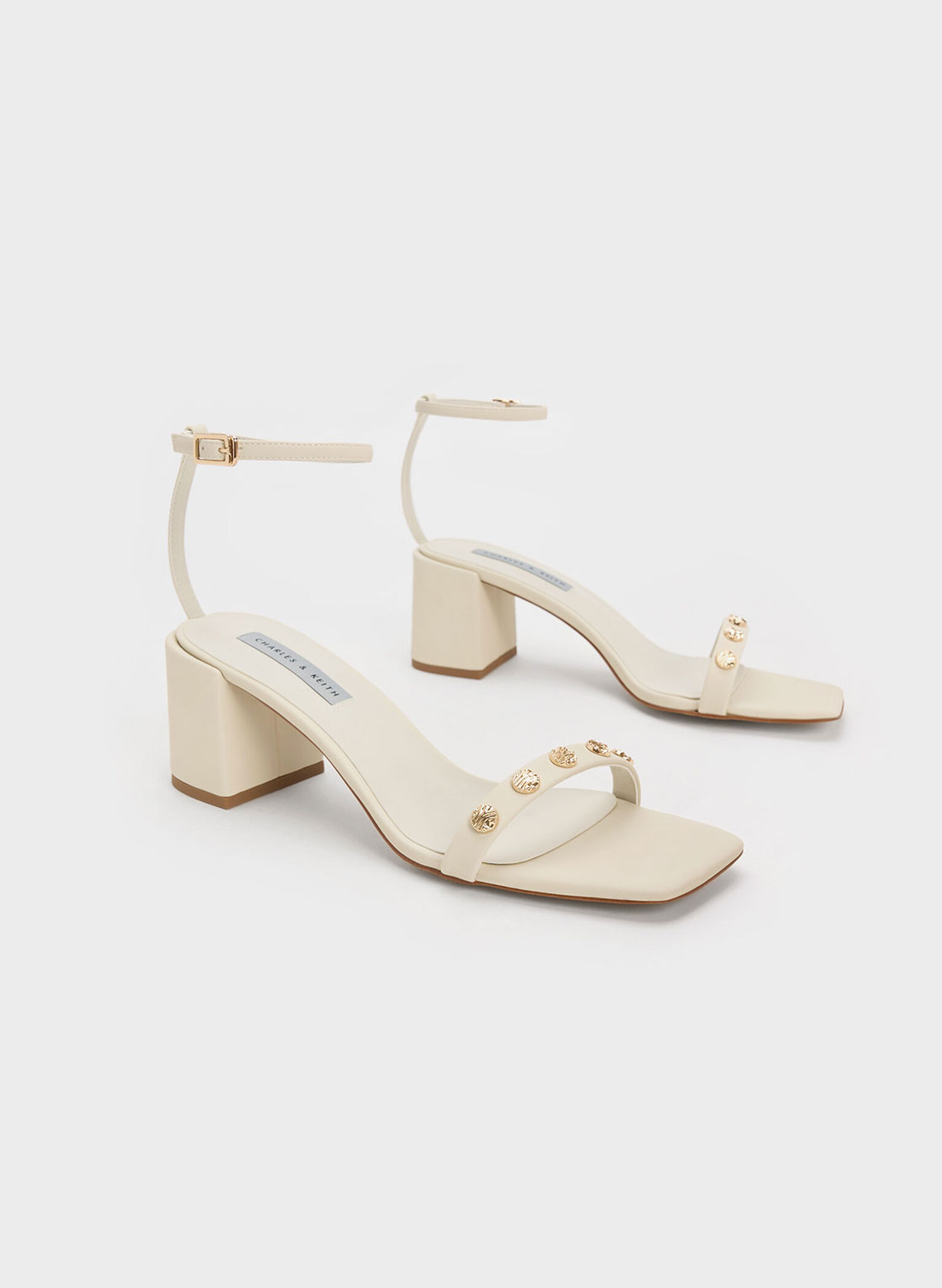 Studded Ankle-Strap Heeled Sandals, Chalk, hi-res