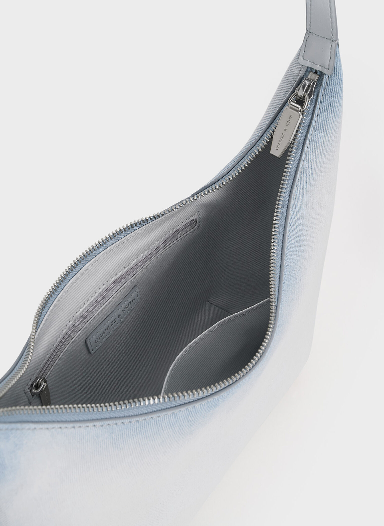 Bryna Denim Curved Hobo Bag, Light Washed Denim, hi-res