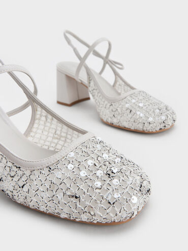 Mesh Sequinned Slingback Mary Jane Pumps, Multi, hi-res