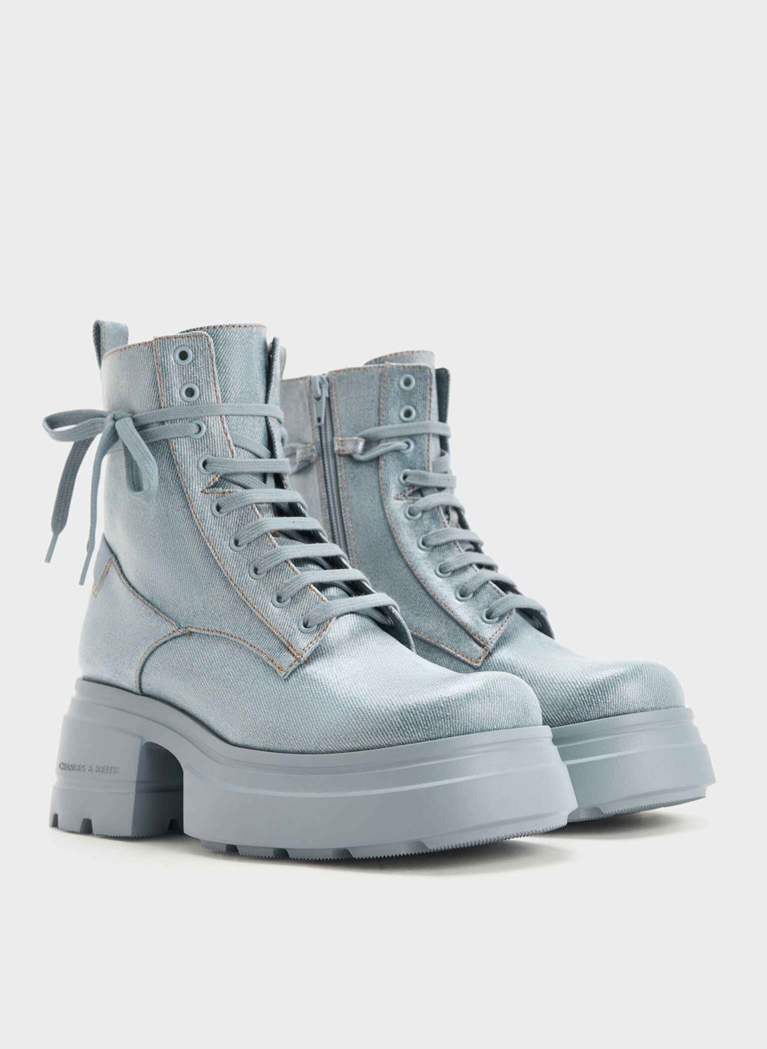 Denim Lace-Up Chunky Ankle Boots, Light Blue, hi-res