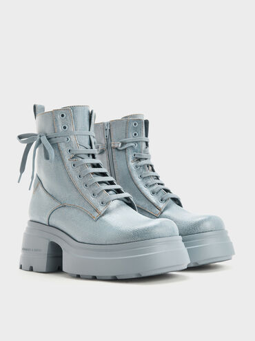Denim Lace-Up Chunky Ankle Boots, Light Blue, hi-res