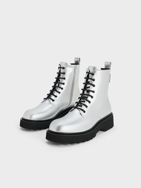 Metallic Lace-Up Ankle Boots, Silver, hi-res