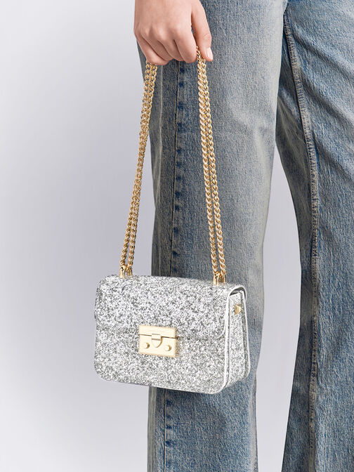 Glittered Push-Lock Chain-Handle Bag, Silver, hi-res