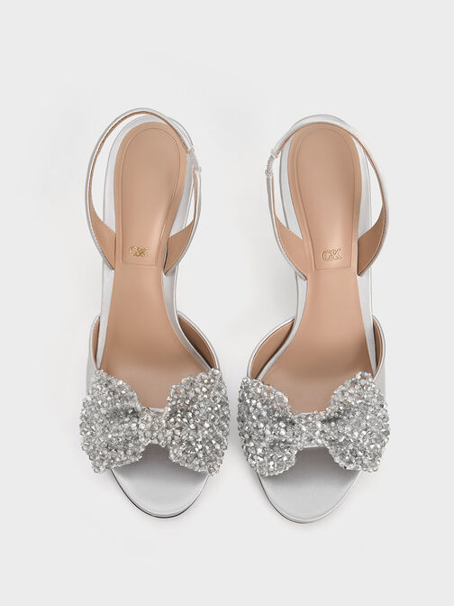 Recycled Polyester Beaded Bow Slingback Pumps, Silver, hi-res