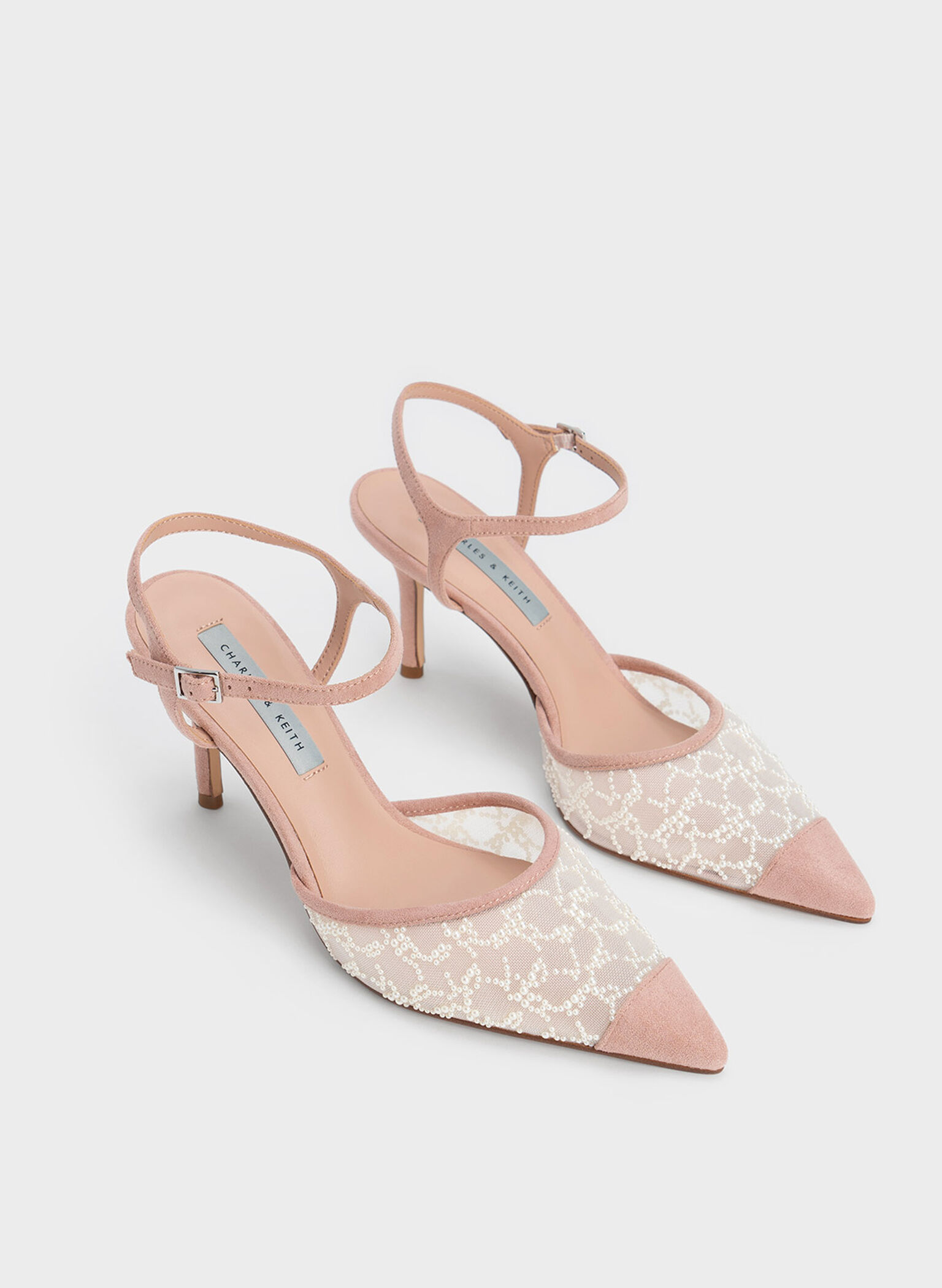 Beaded Mesh Ankle Strap Pumps, Nude, hi-res
