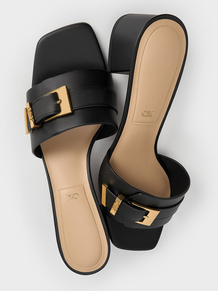 Whitney Leather Buckled Block-Heel Mules, Black, hi-res
