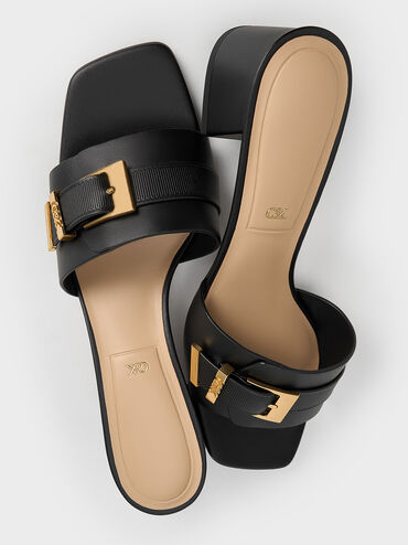 Whitney Leather Buckled Block-Heel Mules, Black, hi-res