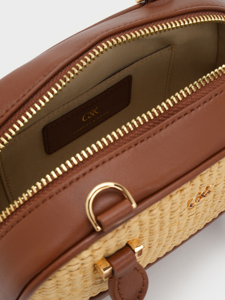 Leather & Raffia Bowling Bag, Neutral Raffia, hi-res