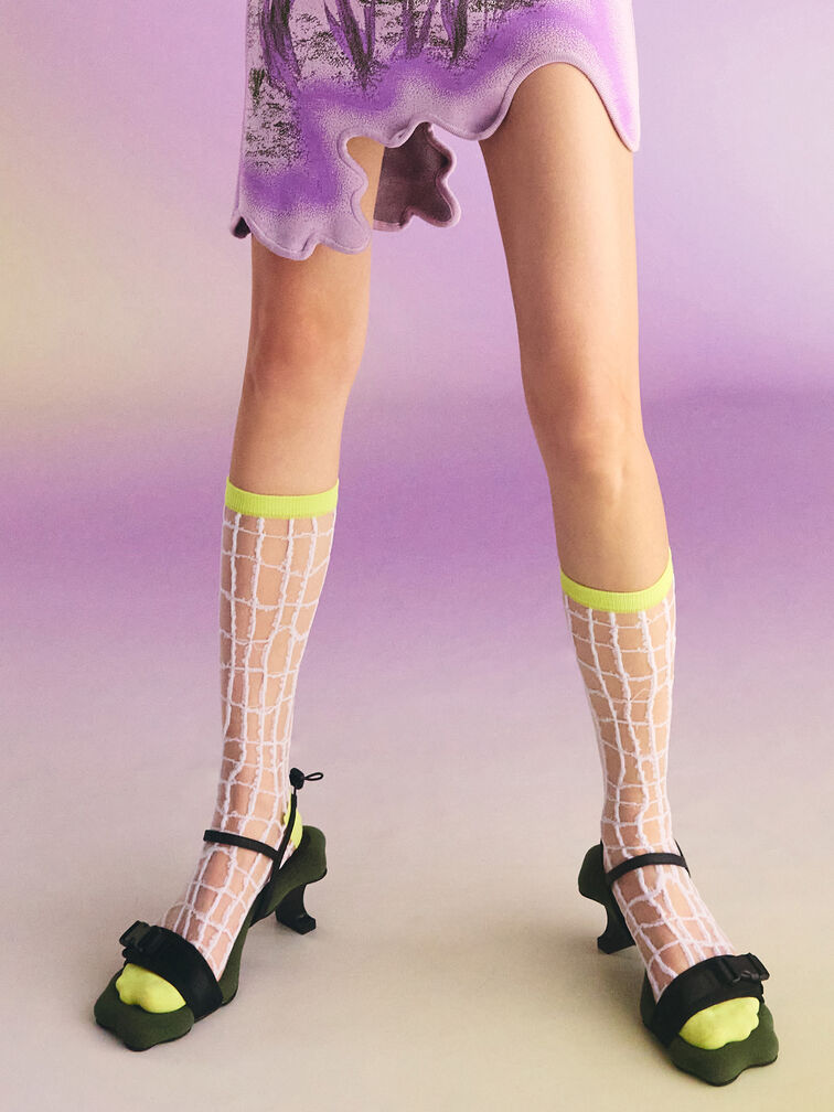Nylon Wave-Edge Sculptural-Heel Sandals, Green, hi-res