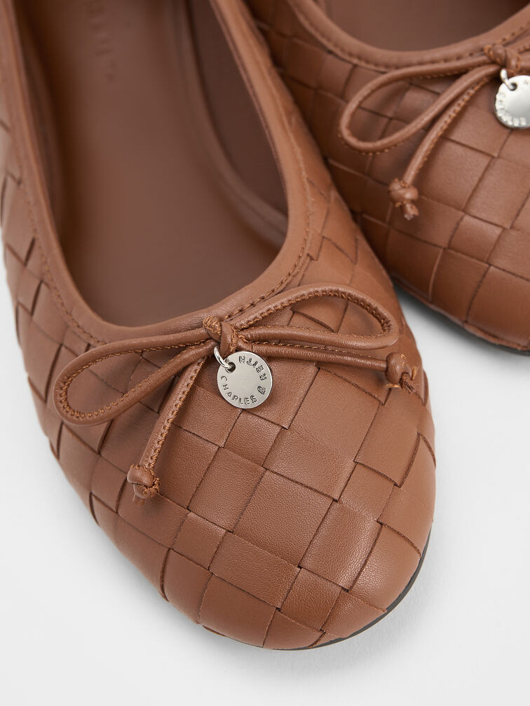 Woven Bow Ballet Flats, Brown, hi-res