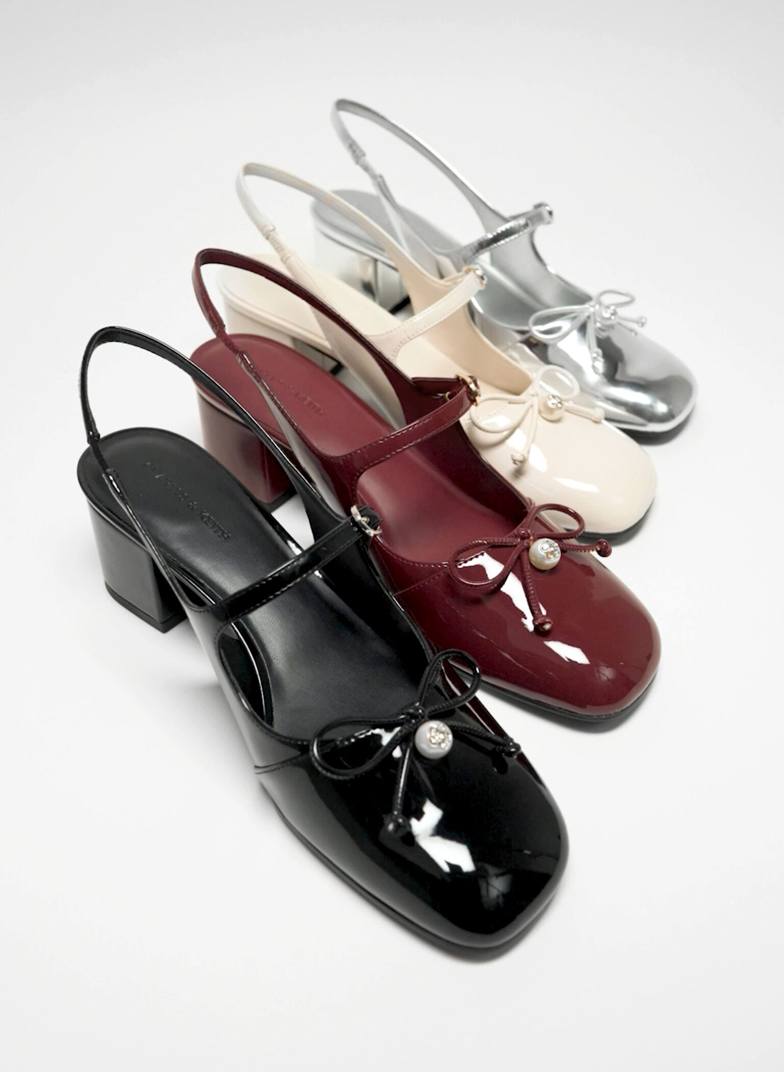 Patent Bow Crystal-Pearl Slingback Mary Jane Pumps, Burgundy, hi-res