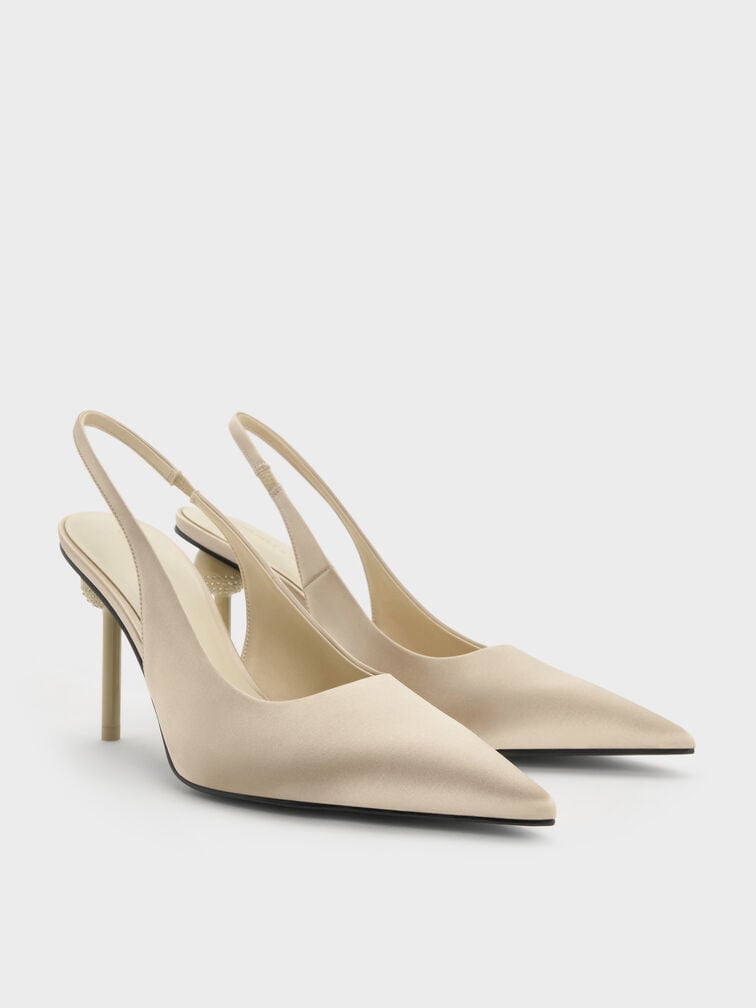 Satin Crystal-Embellished Ball-Heel Pointed-Toe Slingback Pumps, Gold, hi-res