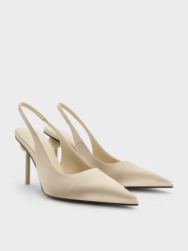 Satin Crystal-Embellished Ball-Heel Pointed-Toe Slingback Pumps, Gold, hi-res