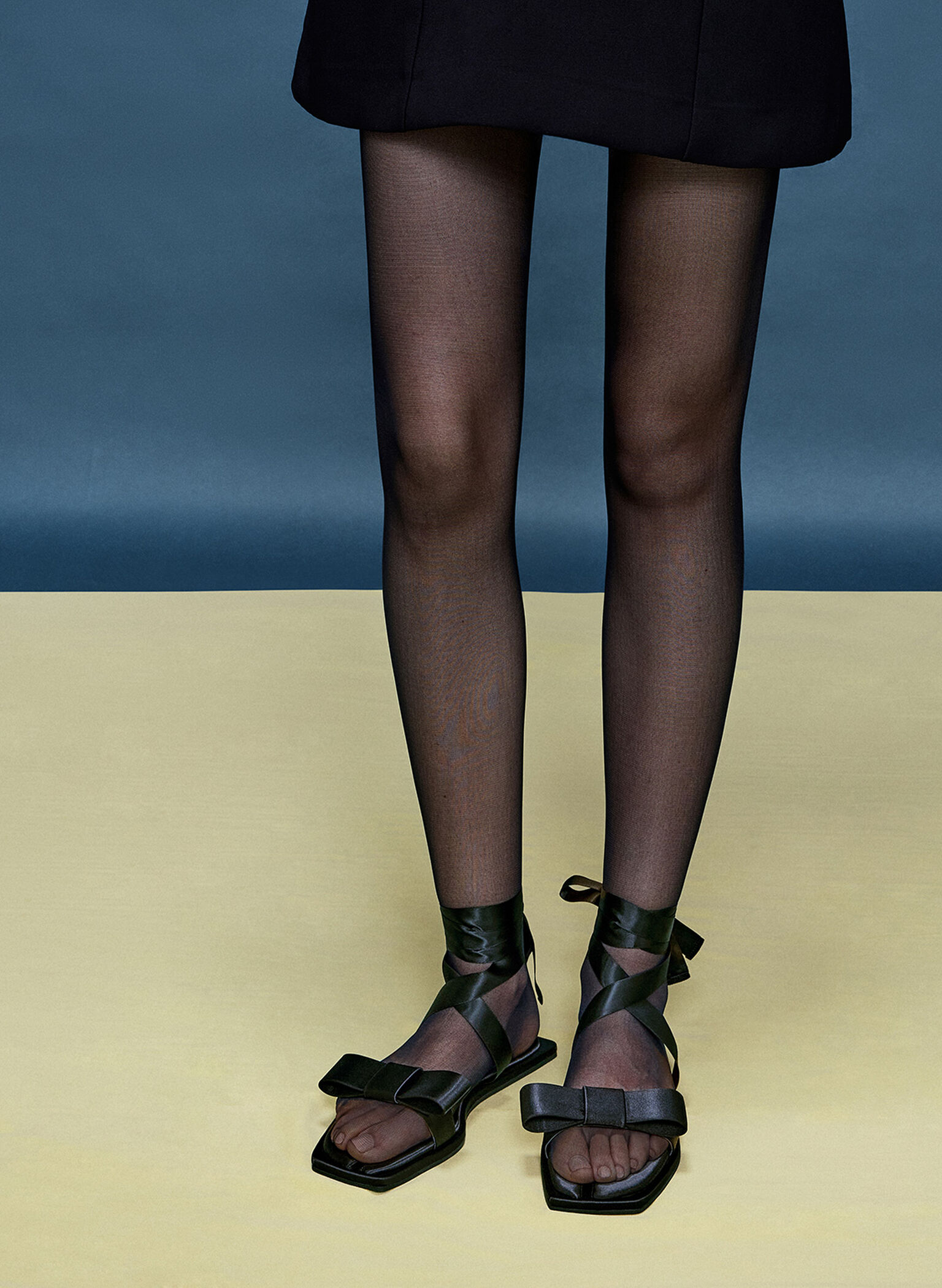Satin Bow Tie-Around Flat Sandals, Black Textured, hi-res