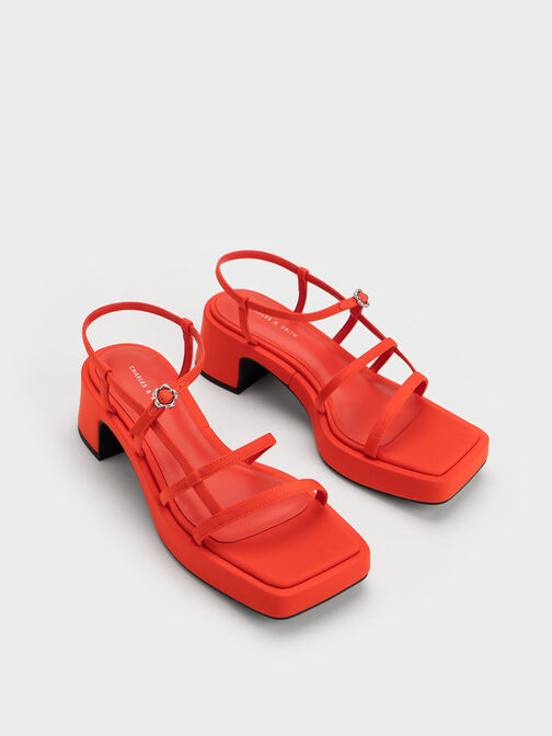 Selene Flower-Buckle Strappy Sandals, Red, hi-res