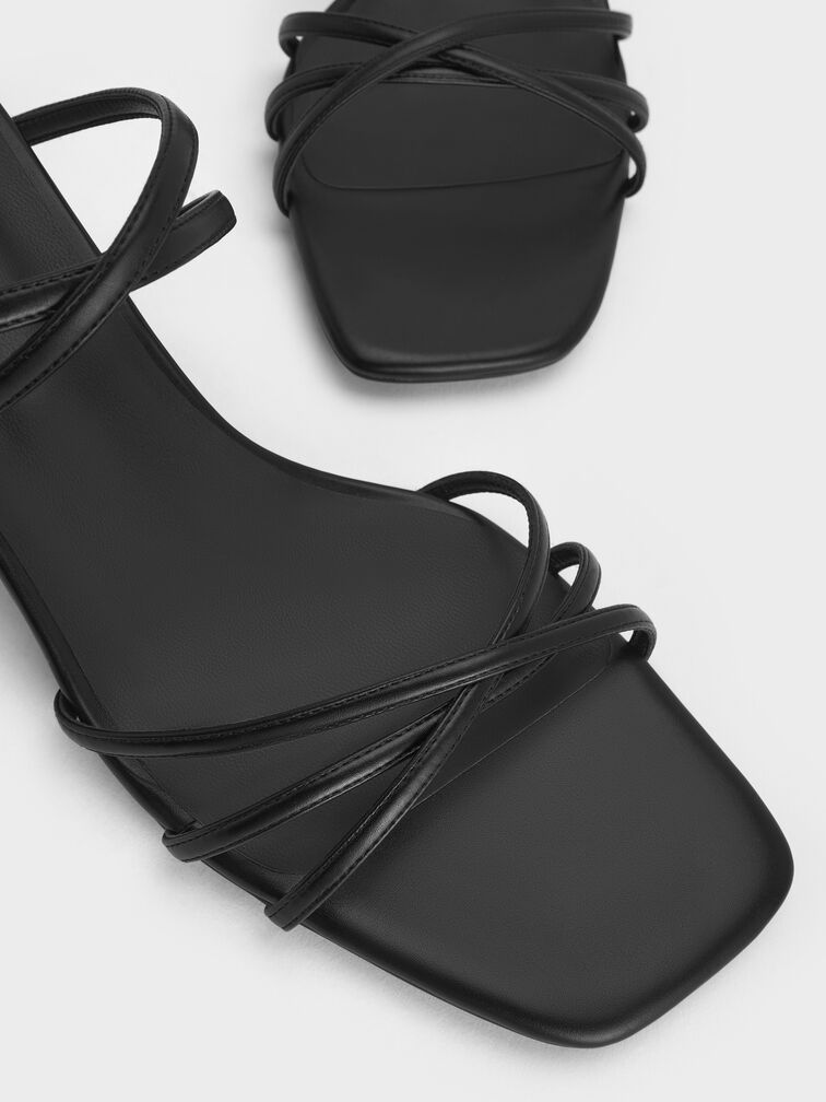 Strappy Square-Toe Kitten-Heel Sandals, Black, hi-res