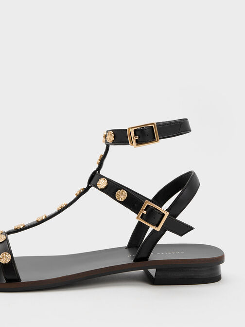 Studded Gladiator Sandals, Black, hi-res
