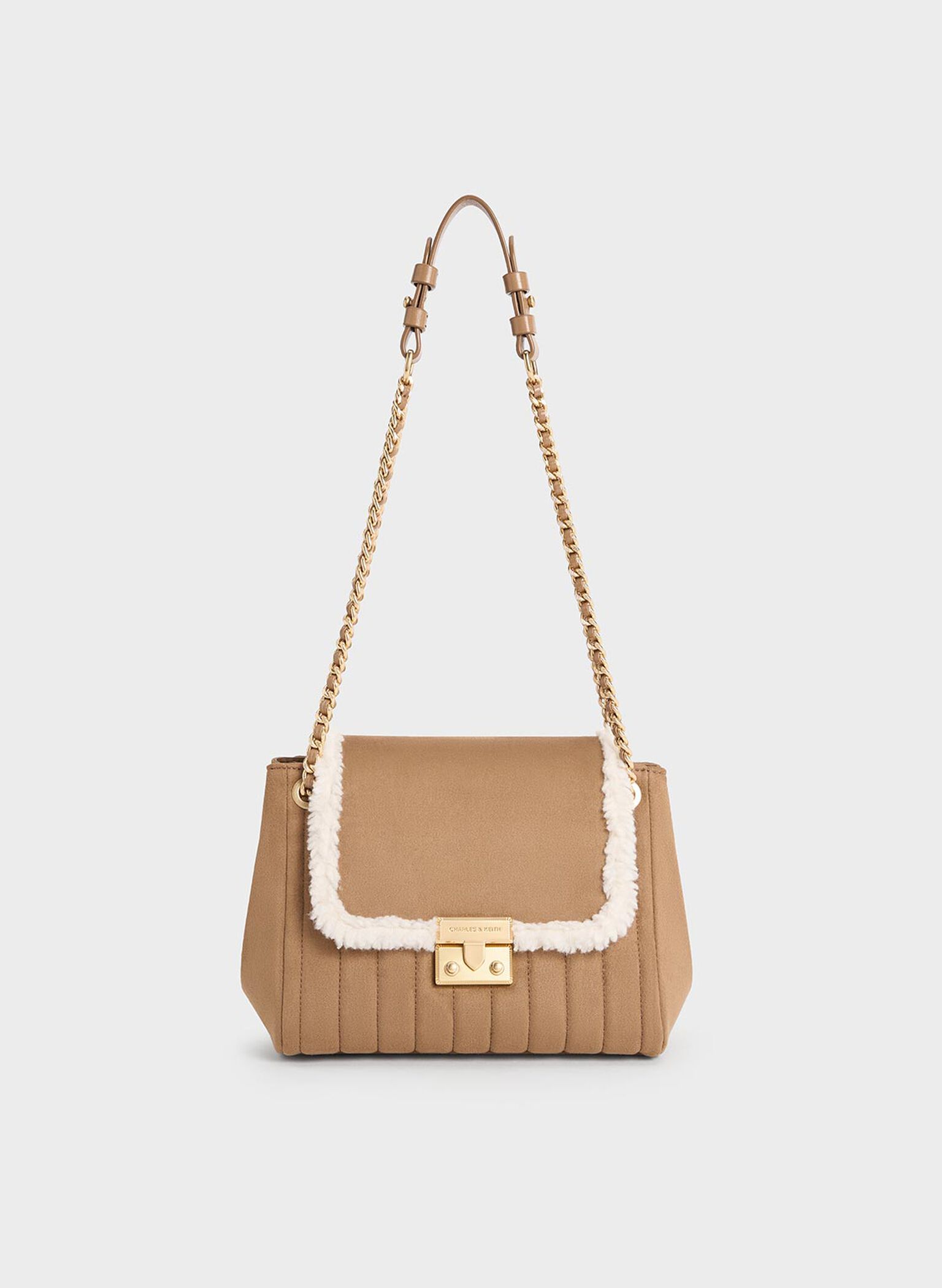 Donna Faux Suede Fur-Trim Shoulder Bag, Tan, hi-res