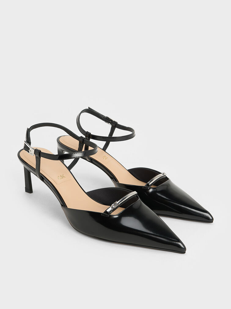 Leather Kitten-Heel Ankle-Strap Pointed-Toe Pumps, Black Box, hi-res