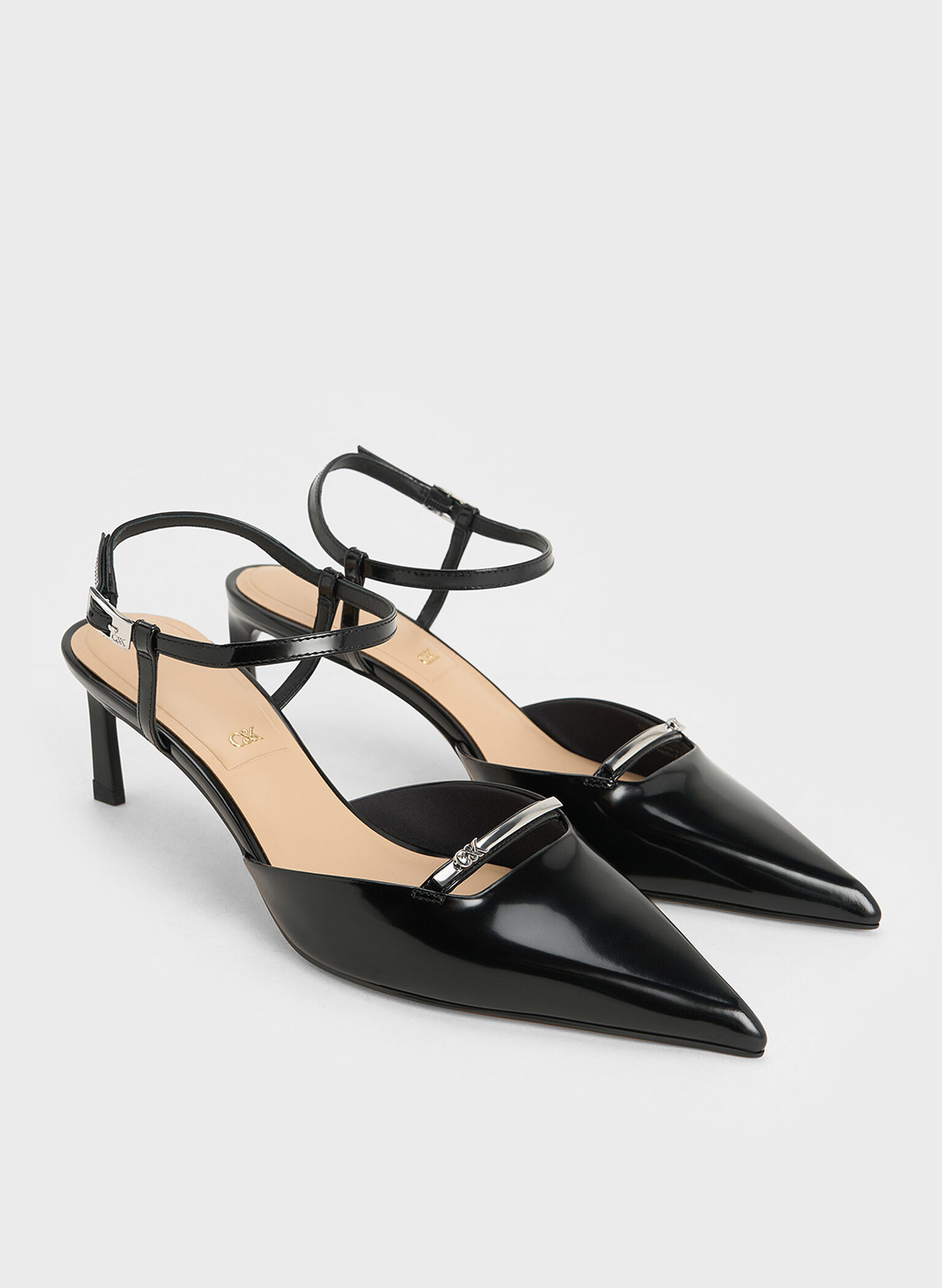 Leather Kitten-Heel Ankle-Strap Pointed-Toe Pumps, Black Box, hi-res