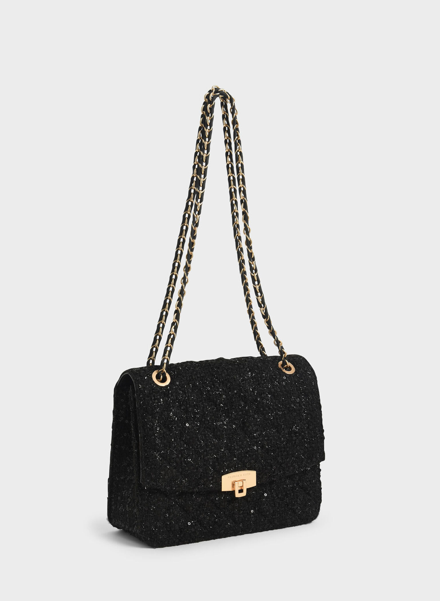 Tweed Chain Strap Bag, Black, hi-res