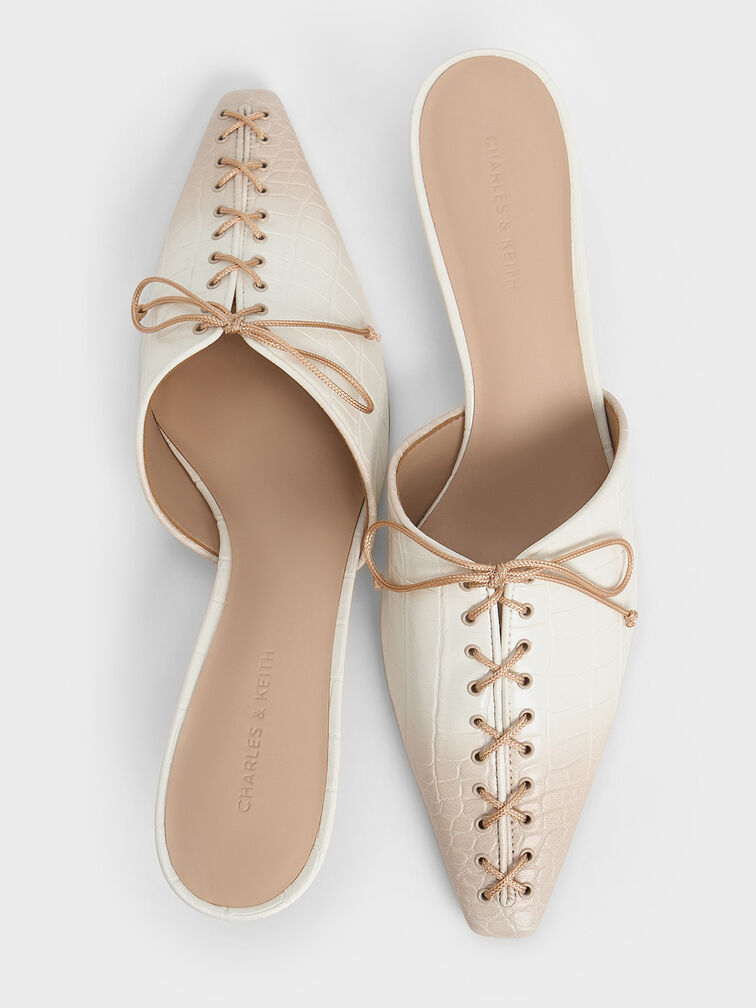 Croc-Effect Lace-Up Pointed-Toe Kitten-Heel Mules, Animal Print Natural, hi-res