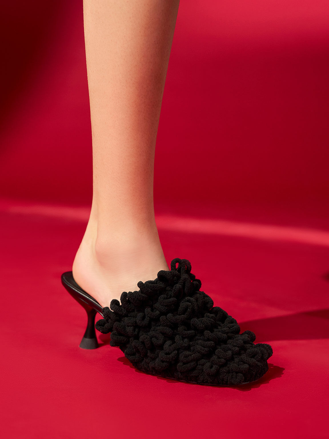 Textured Spool Heel Mules Black