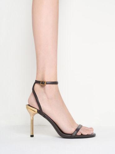 Metallic Stiletto-Heel Ankle-Strap Sandals, Dark Brown, hi-res