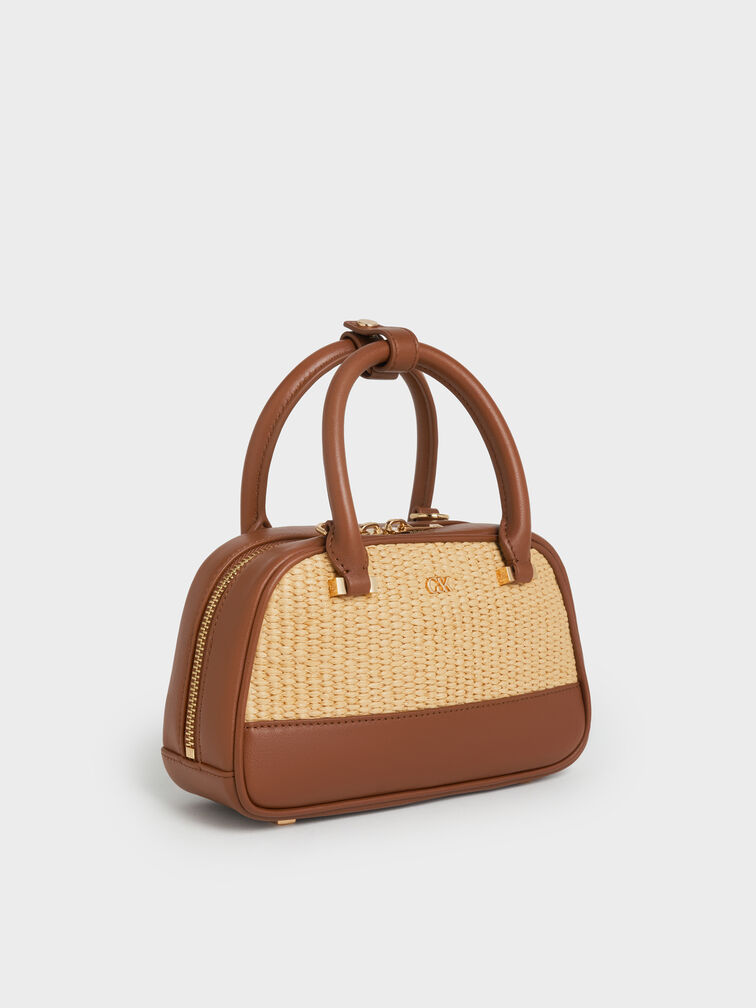 Leather & Raffia Bowling Bag, Neutral Raffia, hi-res