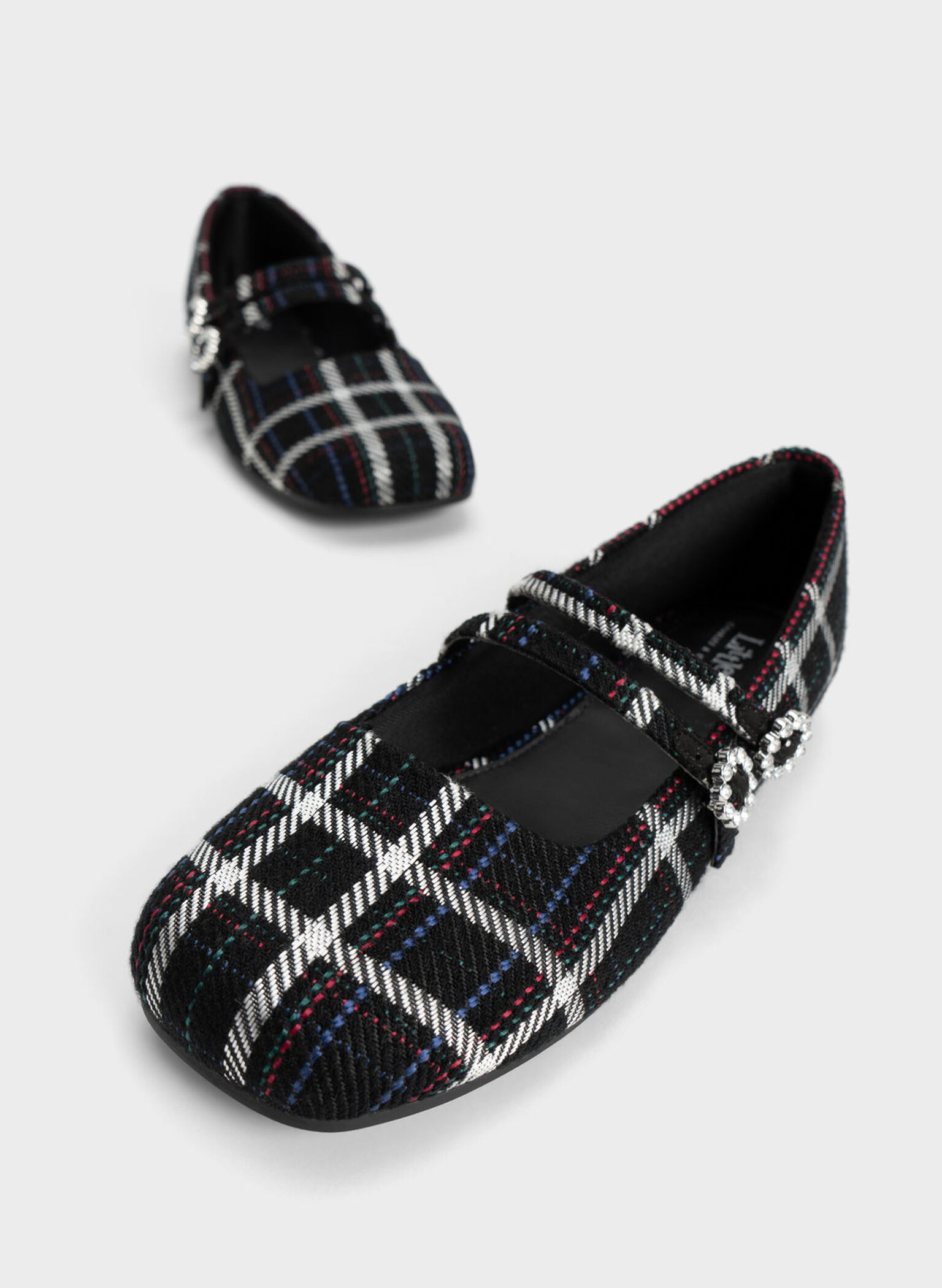 Girls' Gem-Embellished Checkered Mary Janes, Black, hi-res