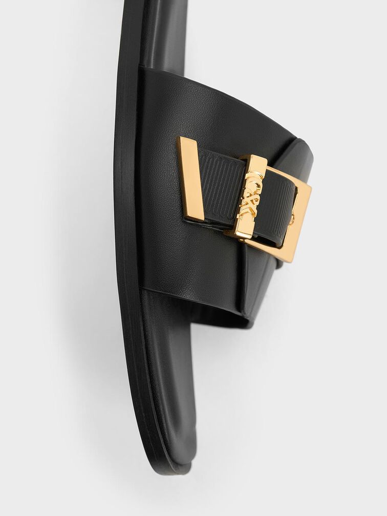 Leather Buckled Square-Toe Slide Sandals, Black, hi-res