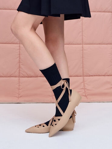 Pointed-Toe Tie-Around Ballet Flats, Nude, hi-res