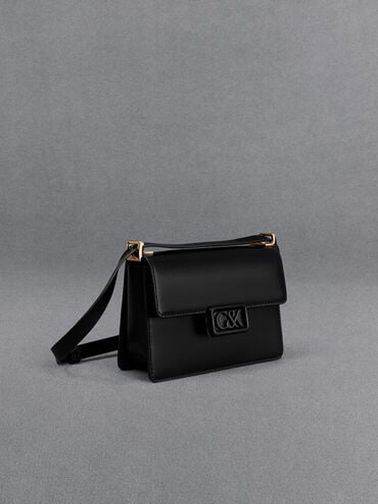 Leather Boxy Bag, Black, hi-res