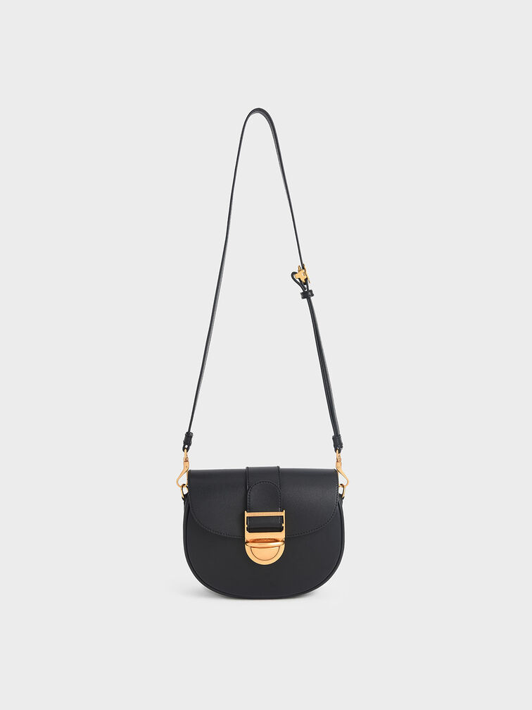 Amelia Metallic Push-Lock Crossbody Bag, Black, hi-res