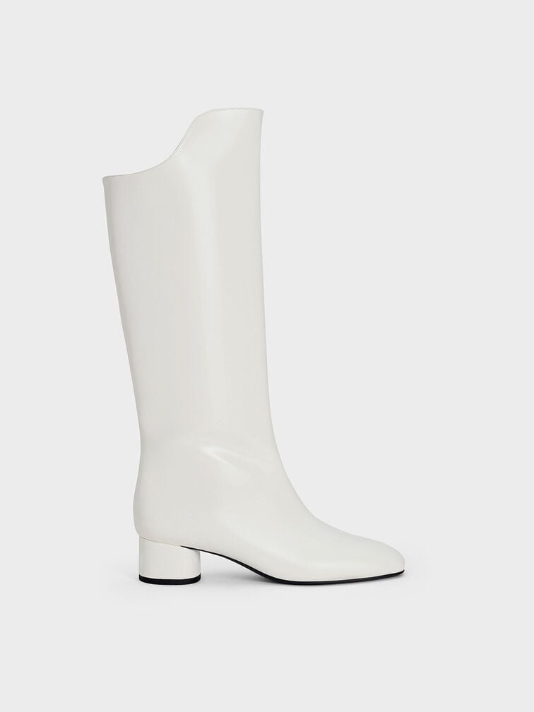Elongated Square-Toe Knee-High Boots, White, hi-res