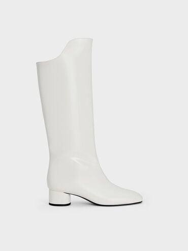 Elongated Square-Toe Knee-High Boots, White, hi-res