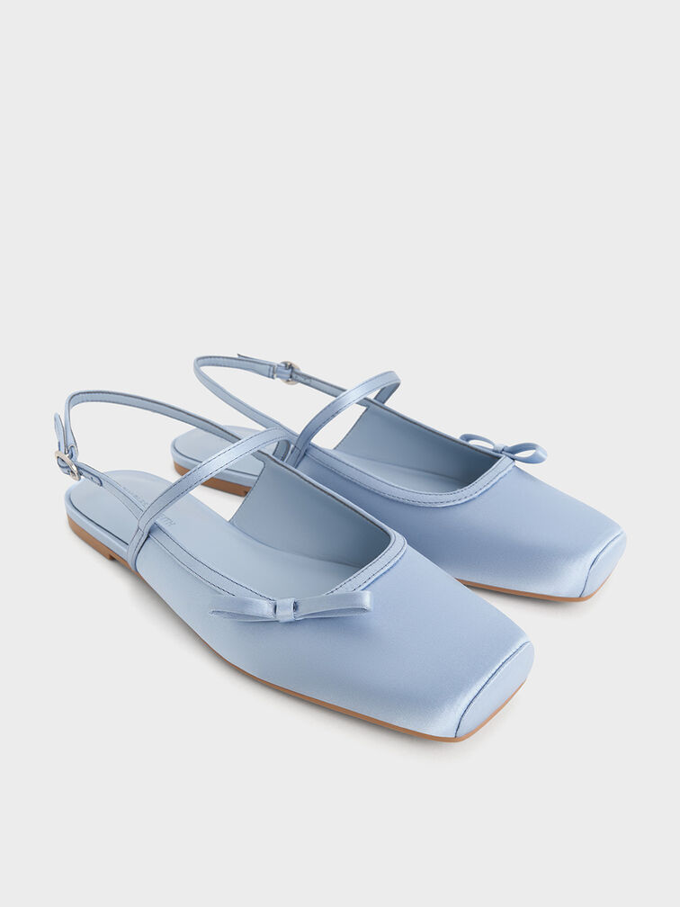 Satin Bow Slingback Mary Jane Flats, Light Blue, hi-res