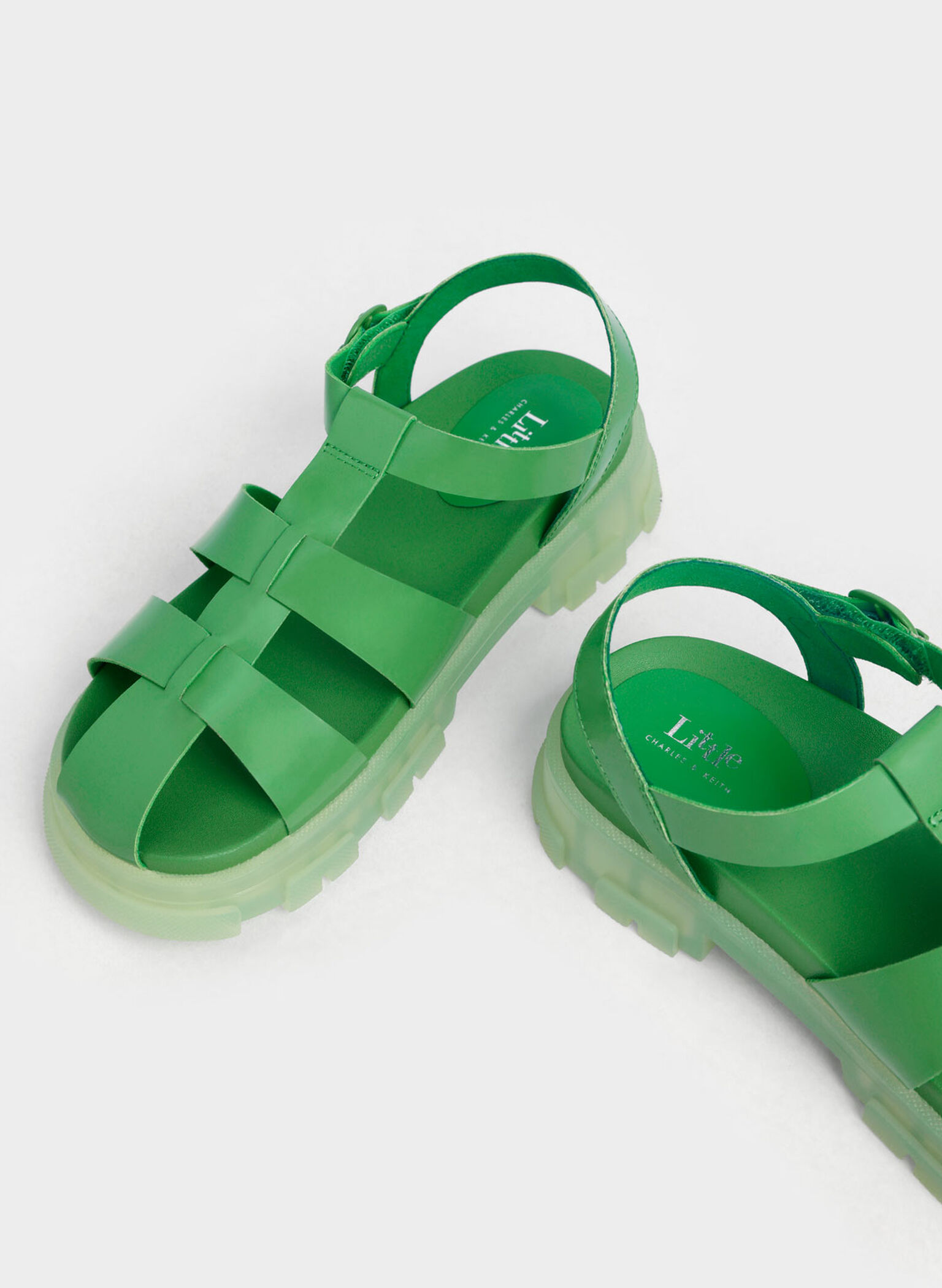Girls' Patent Caged Sandals, Green, hi-res