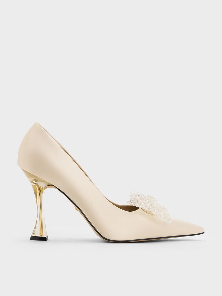 Recycled Polyester Beaded Bow Pumps, Champagne, hi-res