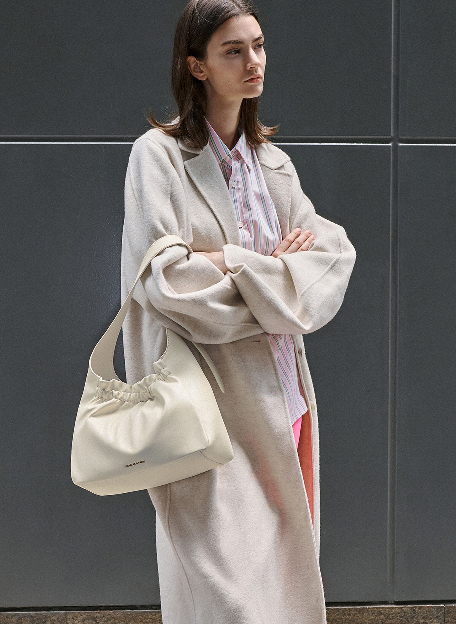 Brigette Ruched Shoulder Bag, Cream, hi-res