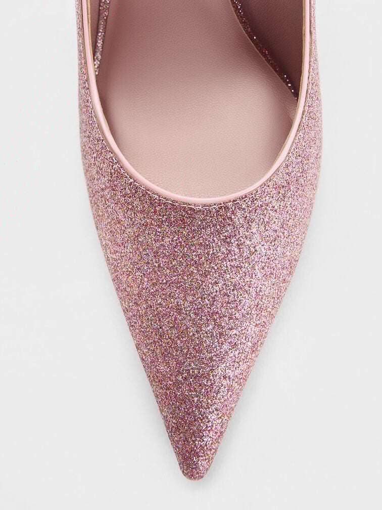Glittered Cone-Heel Pointed-Toe Pumps, Pink, hi-res