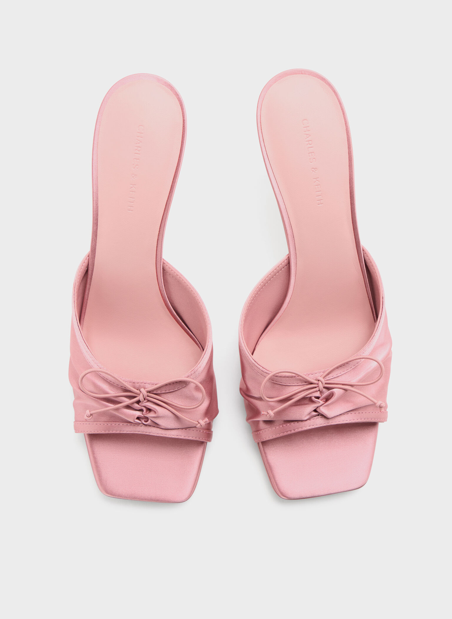 Satin Ruched Bow Heeled Mules, Pink, hi-res