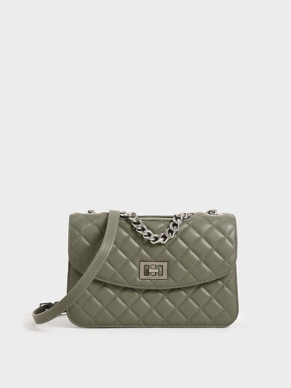 Quilted Turn-Lock Clutch, Sage Green, hi-res