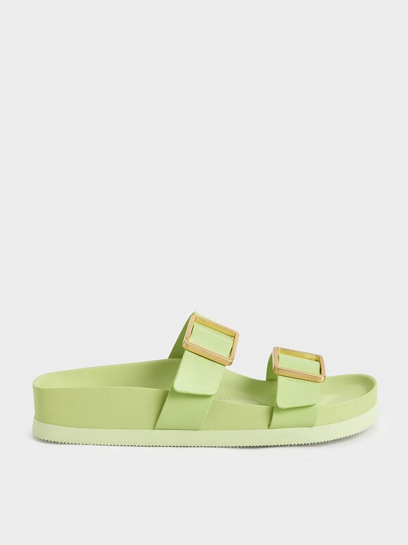 Metallic Buckle Slide Sandals, Light Green, hi-res