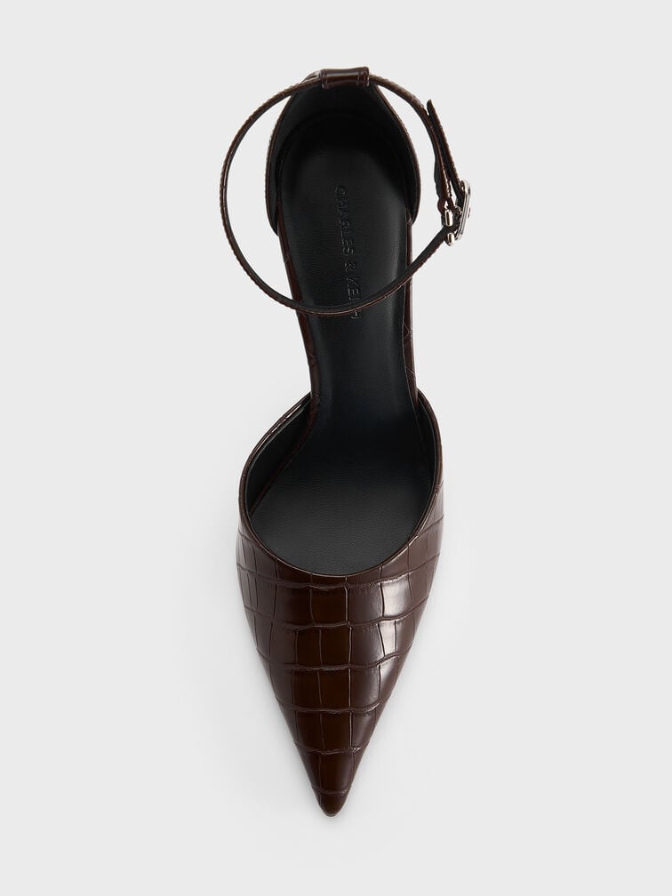 Croc-Effect Pointed-Toe Ankle-Strap D'Orsay Pumps, Animal Print Brown, hi-res