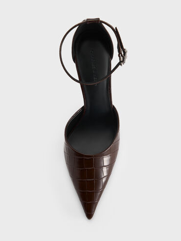 Croc-Effect Pointed-Toe Ankle-Strap D'Orsay Pumps, Animal Print Brown, hi-res