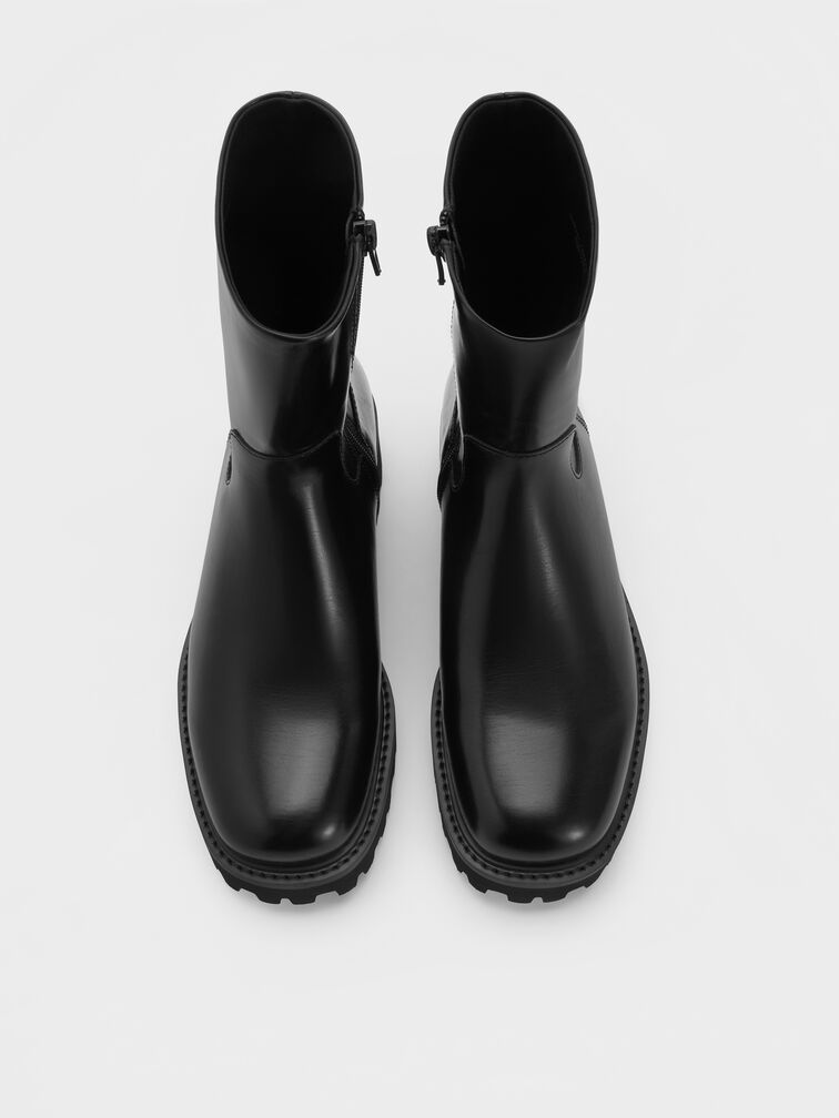 Devan Side-Zip Ridged-Sole Calf Boots, Black, hi-res